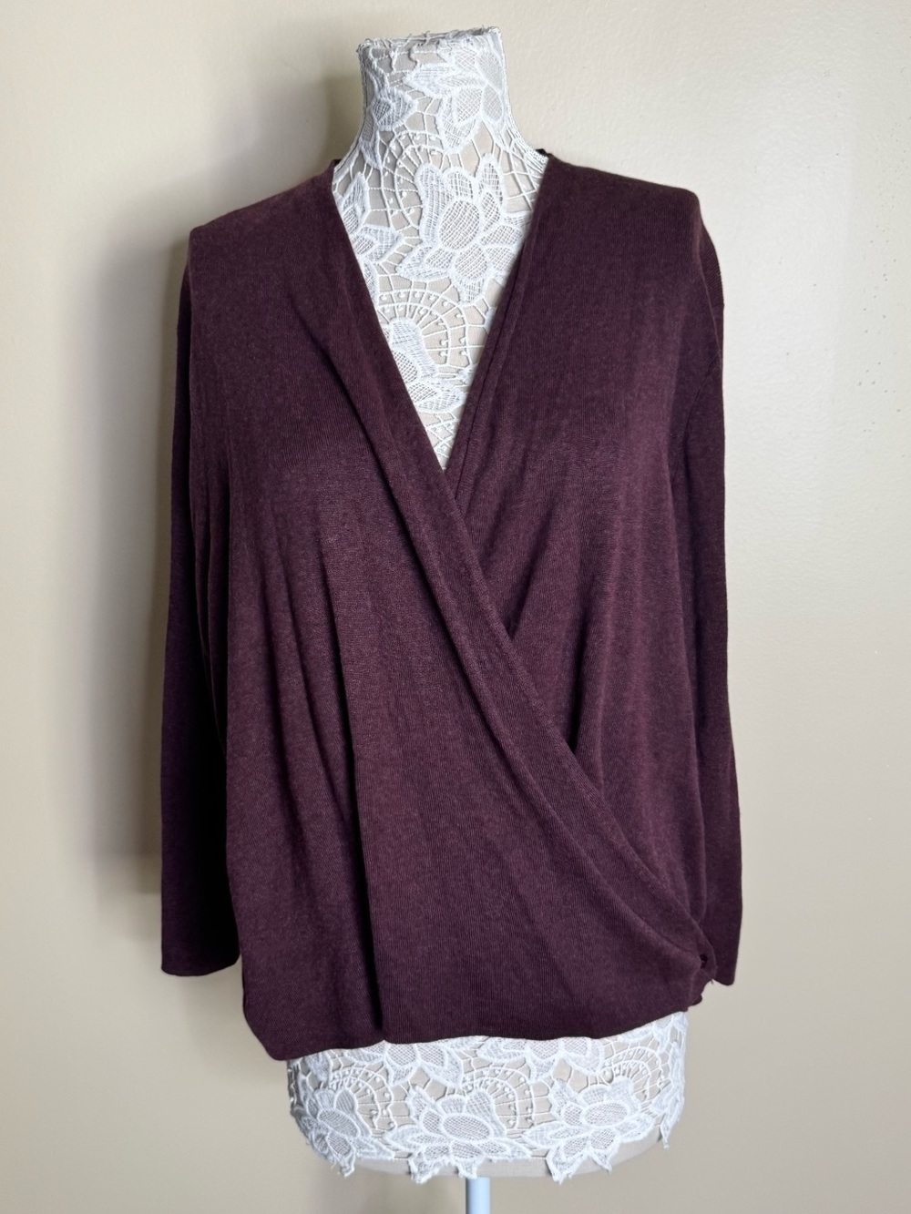 Nic + Zoe Knit Cotton Blend 4-Way Cardigan in Wine size 2X